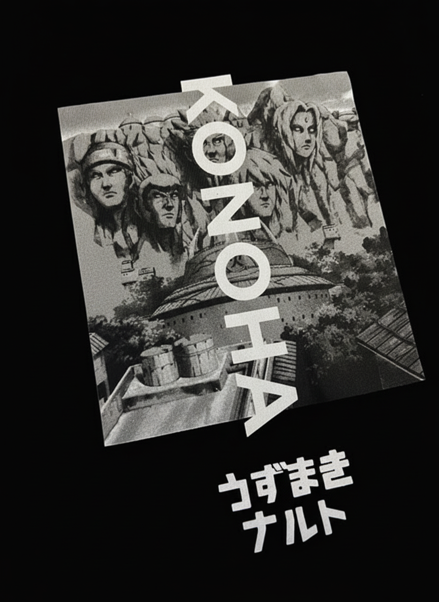 Zoom impression graphique monument Hokages Konoha lettrage vertical – T-Shirt Naruto Shippuden™ PROJO