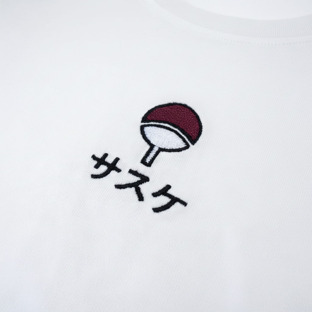 Zoom broderie katakana Sasuke et éventail clan Uchiha – T-Shirt Naruto Shippuden™ PROJO